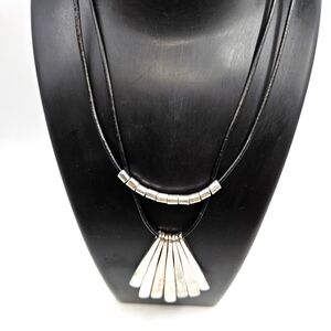 Black Leather 2-Strand Silver Fringe Necklace